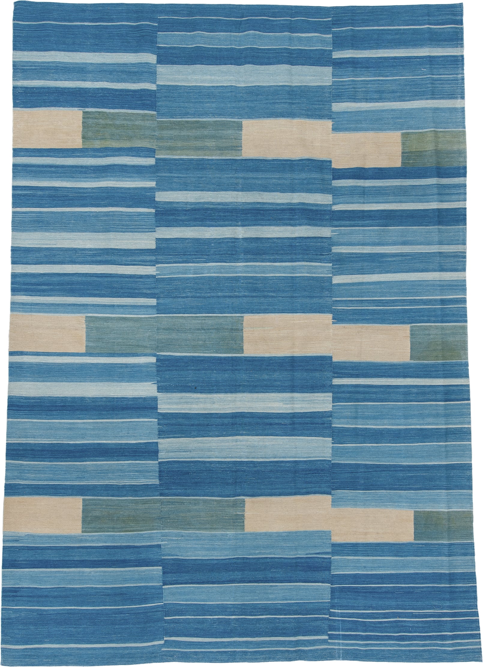 8' x 11' one-of-a-kind handmade vintage Kilim large size rug. Color palette: blue, sky blue, ivory, slate, seafoam
