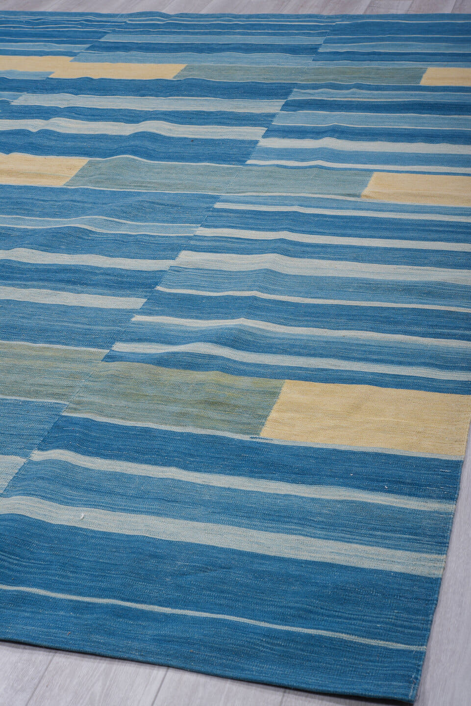 8' x 11' one-of-a-kind handmade vintage Kilim large size rug. Color palette: blue, sky blue, ivory, slate, seafoam