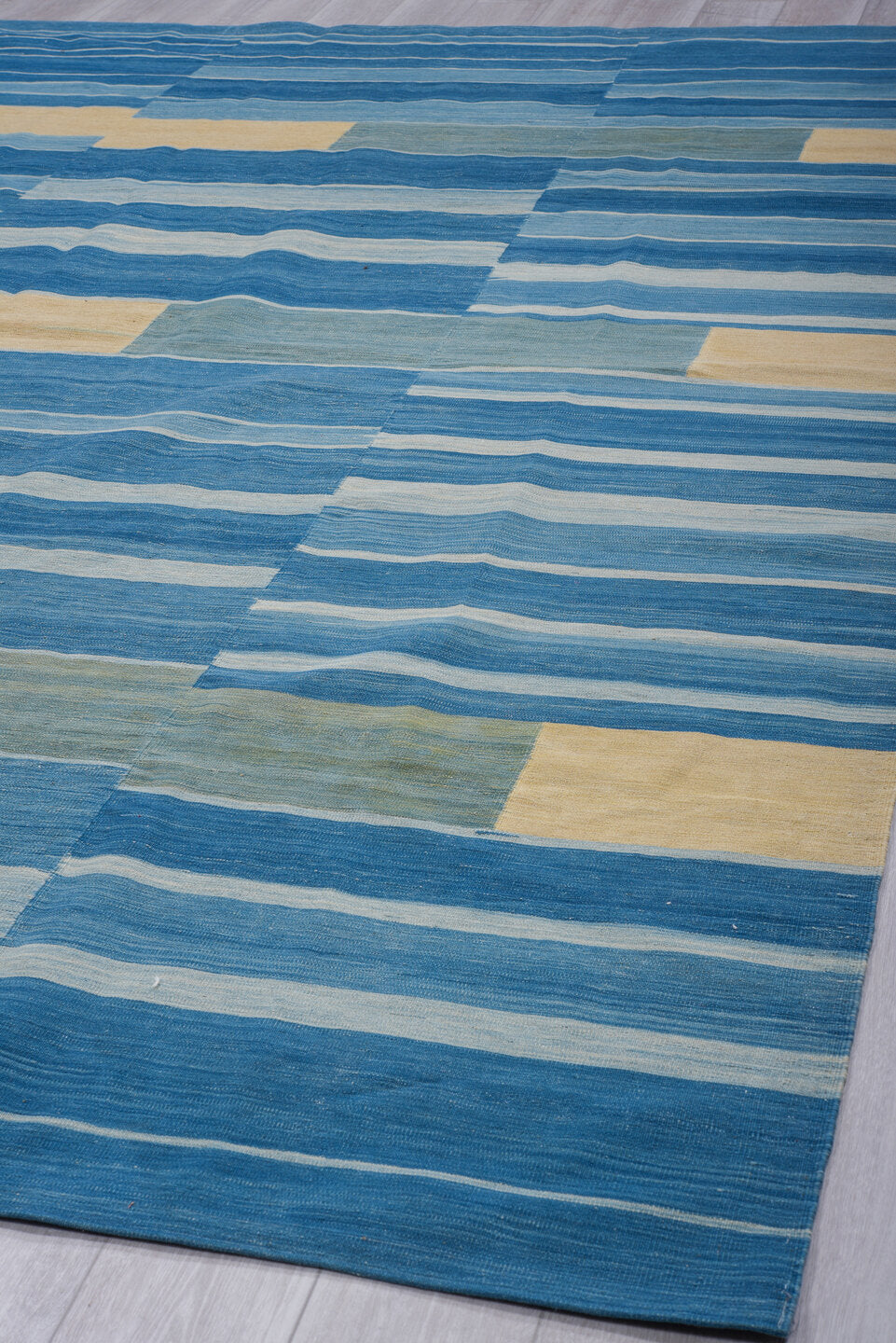 8' x 11' one-of-a-kind handmade vintage Kilim large size rug. Color palette: blue, sky blue, ivory, slate, seafoam