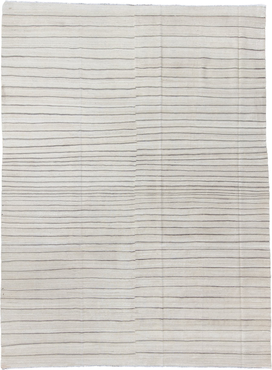 8' x 12' one-of-a-kind handmade vintage Kilim large size rug. Color palette: ivory, taupe, charcoal, cream, beige, gray