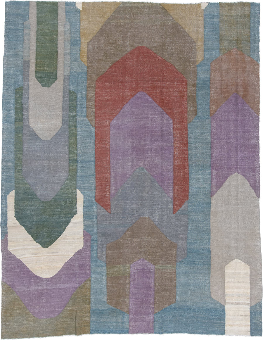 9' x 11' one-of-a-kind handmade vintage Kilim large size rug. Color palette: sky blue, taupe, lavender, sage, ivory