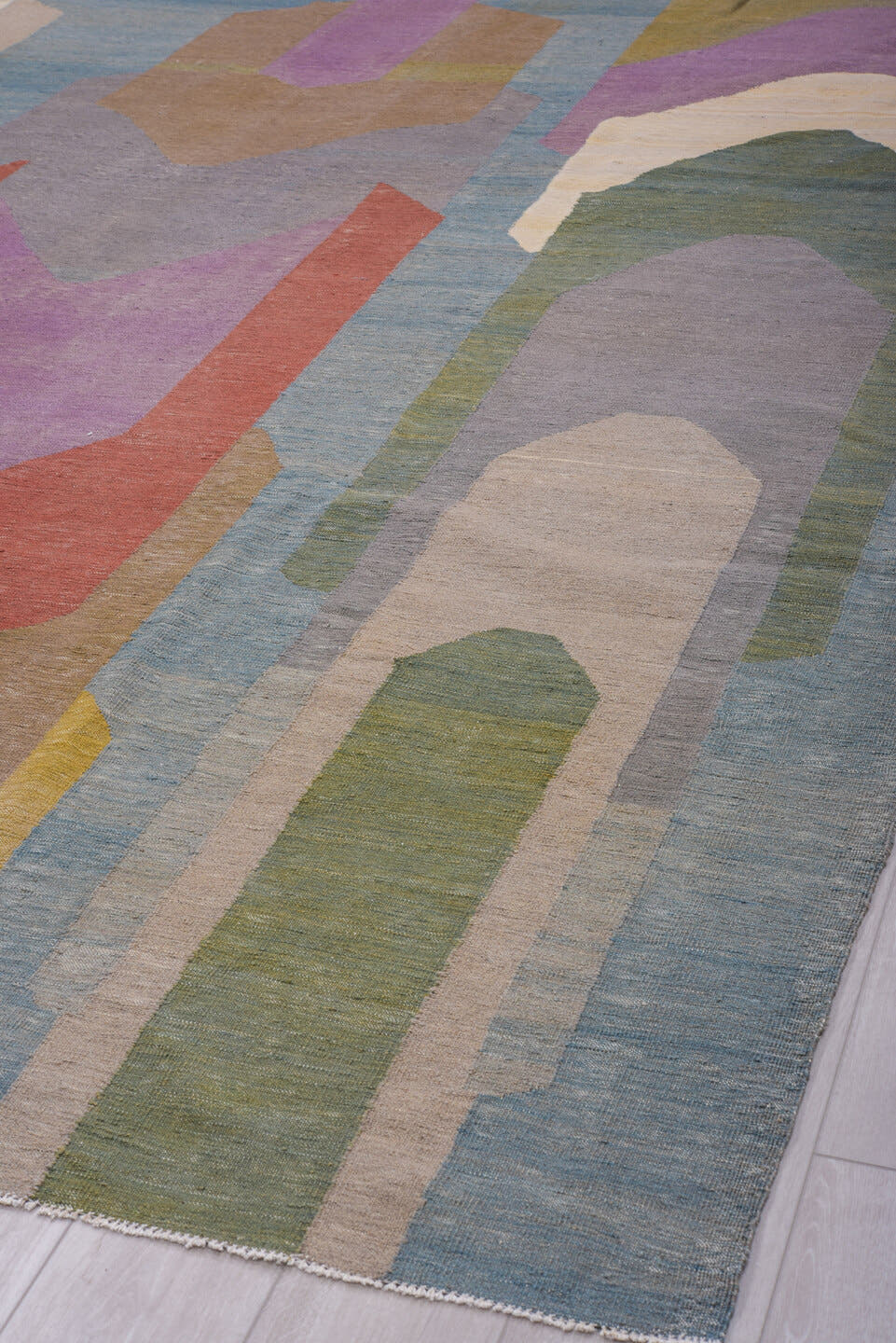 9' x 11' one-of-a-kind handmade vintage Kilim large size rug. Color palette: sky blue, taupe, lavender, sage, ivory