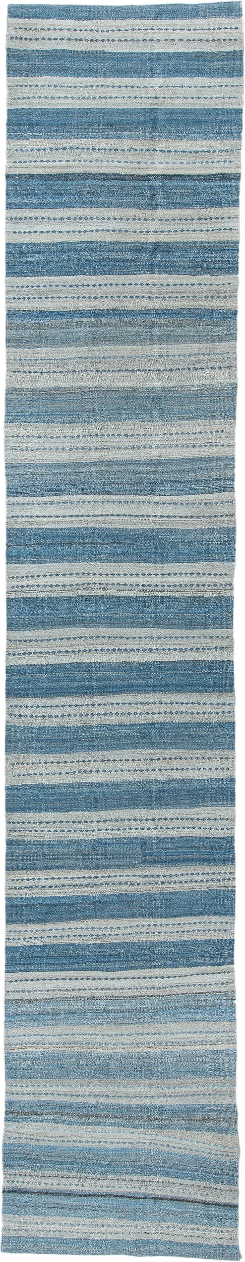 3' x 16' one-of-a-kind handmade vintage Kilim runner rug. Color palette: sky blue, ivory, slate, powder blue, light blue