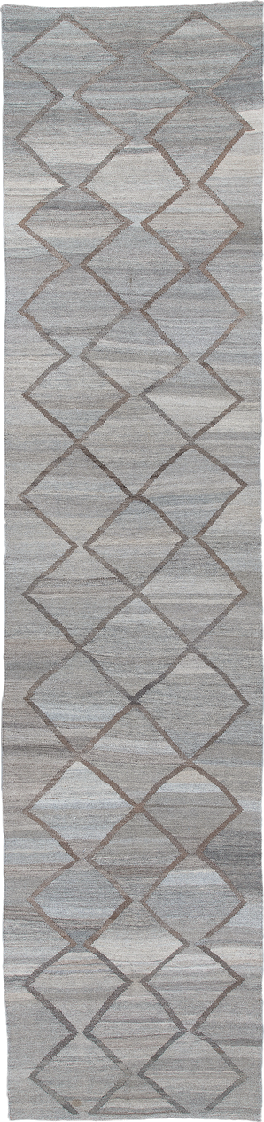 3' x 13' one-of-a-kind handmade vintage Kilim runner rug. Color palette: taupe, gray, ivory, greige, stone, beige