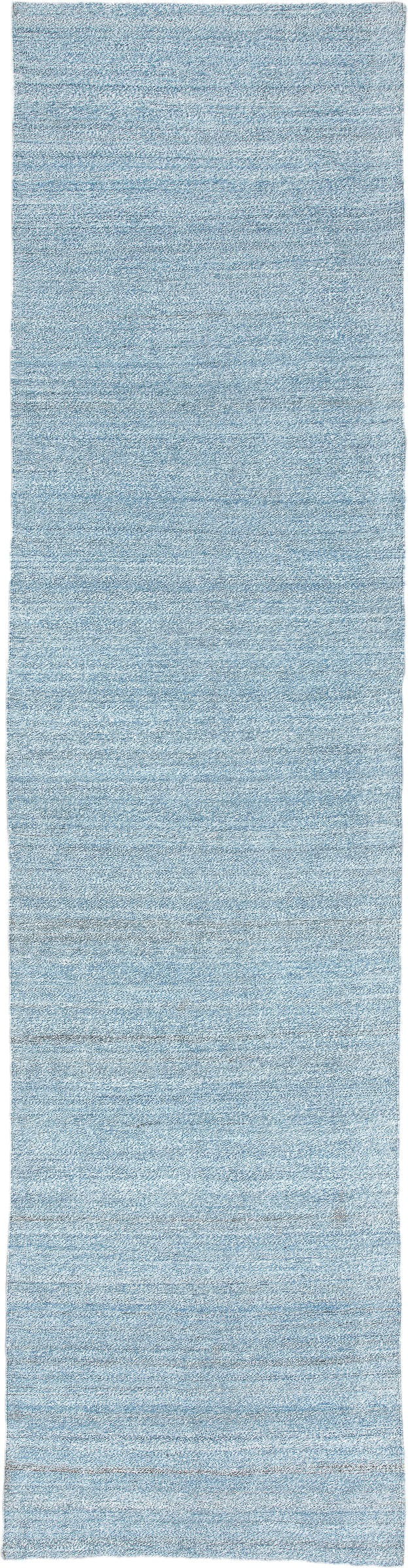 3' x 12' one-of-a-kind handmade vintage Kilim runner rug. Color palette: sky blue, ivory, pale blue, light blue