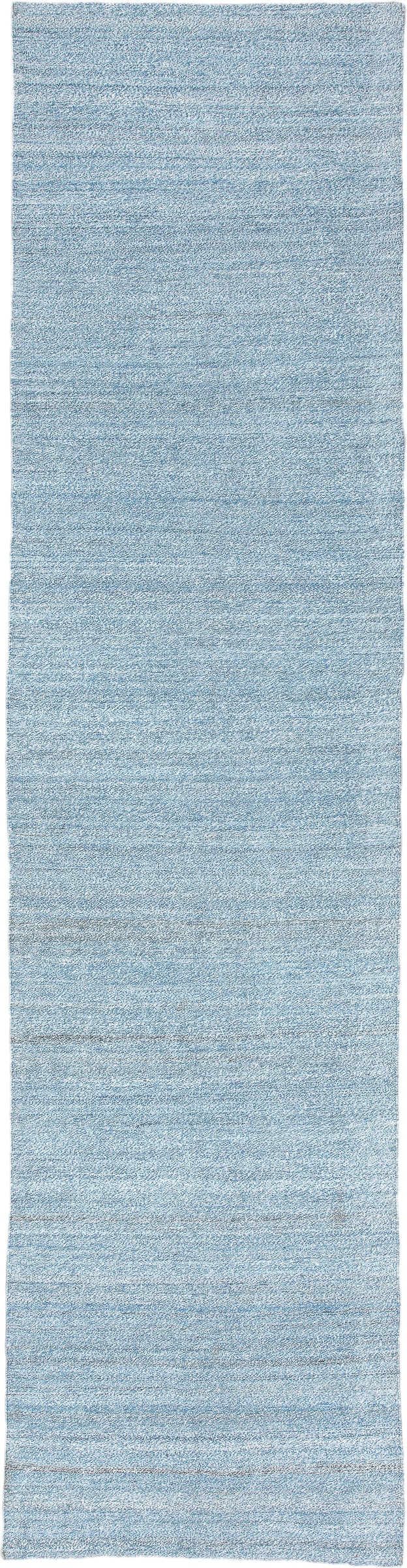 3' x 12' one-of-a-kind handmade vintage Kilim runner rug. Color palette: sky blue, ivory, pale blue, light blue