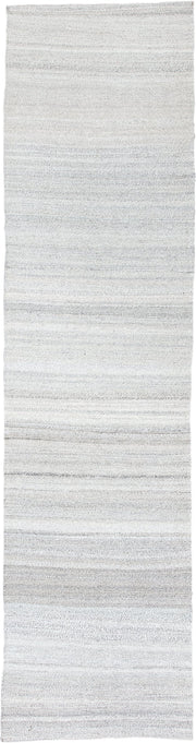 3' x 12' one-of-a-kind handmade vintage Kilim runner rug. Color palette: ivory, light gray, taupe, beige, gray