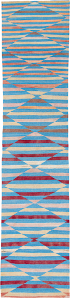 2' x 12' one-of-a-kind handmade vintage Kilim runner rug. Color palette: turquoise, ivory, sky_blue, crimson, blush, taupe