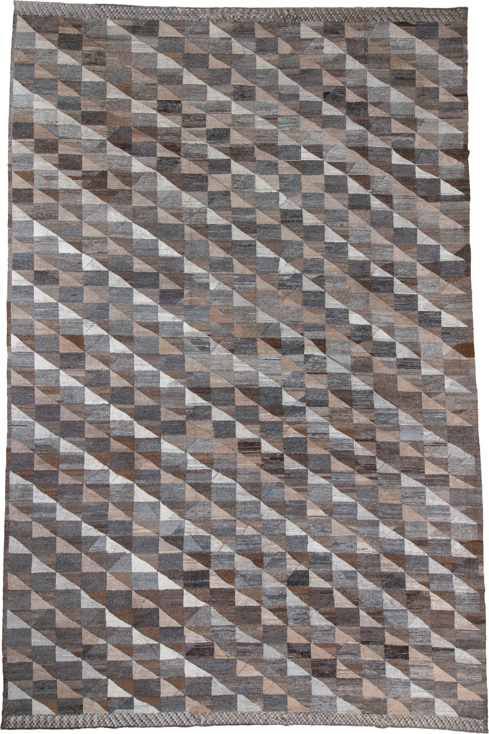 13' x 20' one-of-a-kind handmade vintage Tulu oversize rug. Color palette: taupe, gray, brown, ivory, charcoal, greige