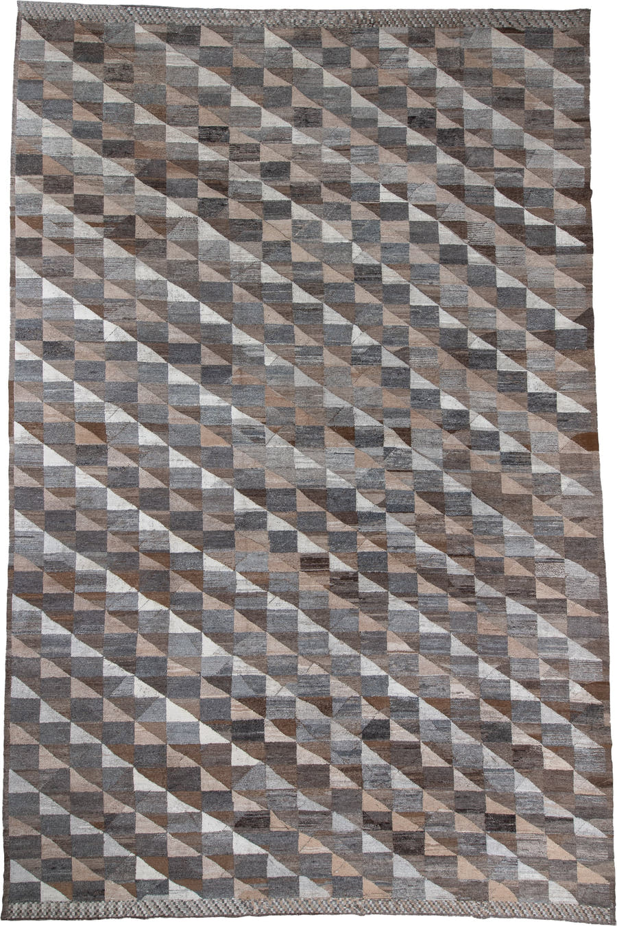 13' x 20' one-of-a-kind handmade vintage Tulu oversize rug. Color palette: taupe, gray, brown, ivory, charcoal, greige