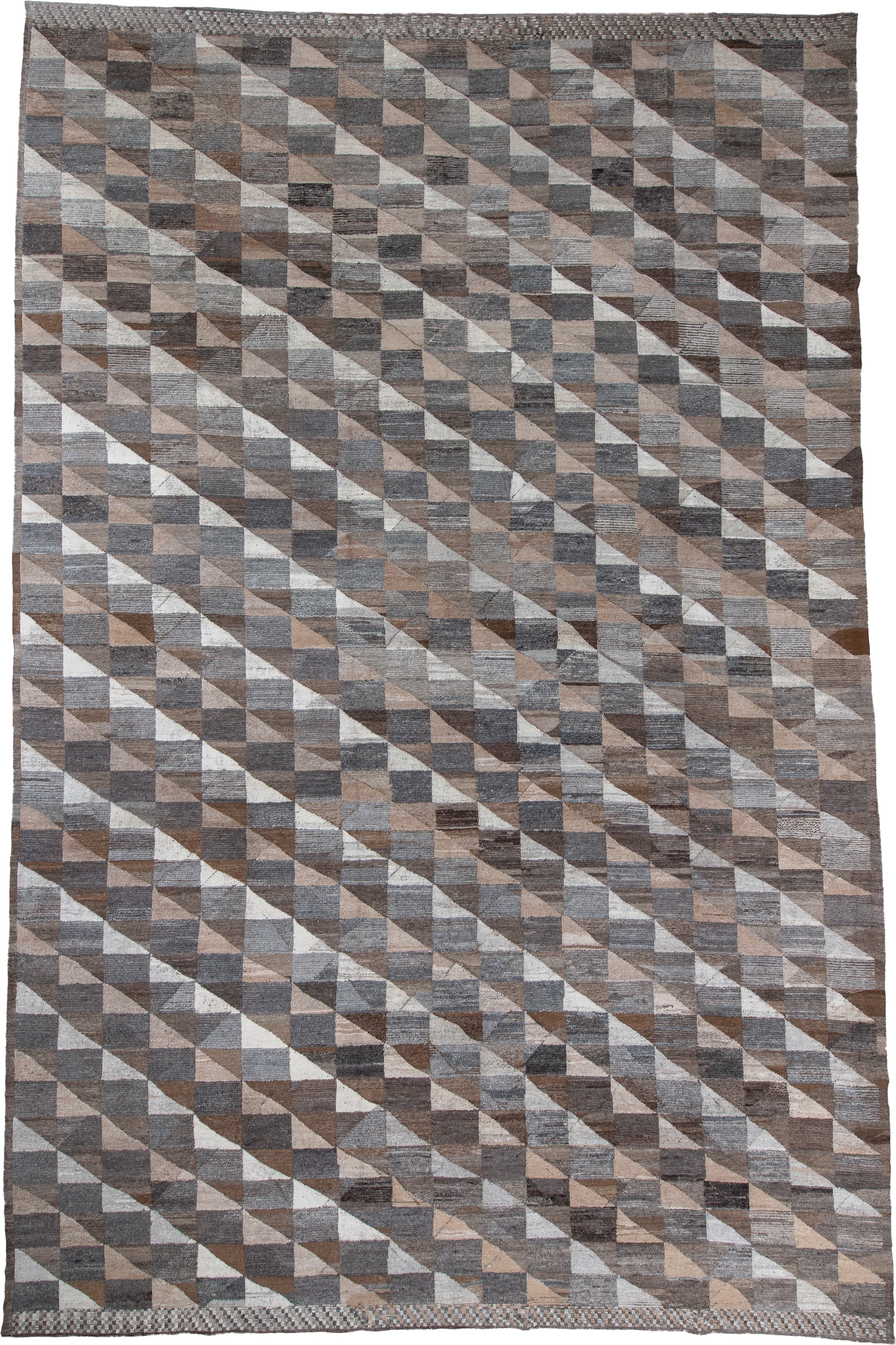 13' x 20' one-of-a-kind handmade vintage Tulu oversize rug. Color palette: taupe, gray, brown, ivory, charcoal, greige