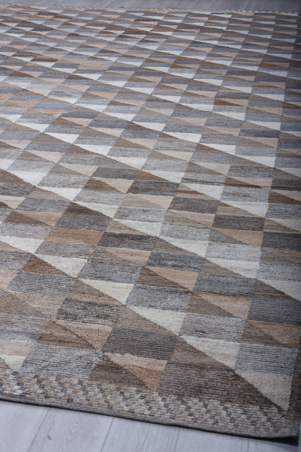 13' x 20' one-of-a-kind handmade vintage Tulu oversize rug. Color palette: taupe, gray, brown, ivory, charcoal, greige