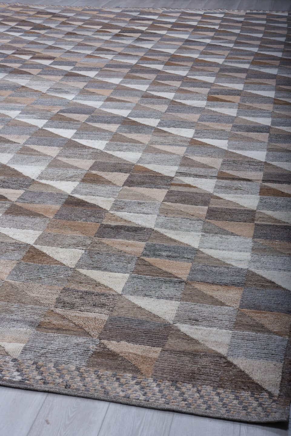 13' x 20' one-of-a-kind handmade vintage Tulu oversize rug. Color palette: taupe, gray, brown, ivory, charcoal, greige