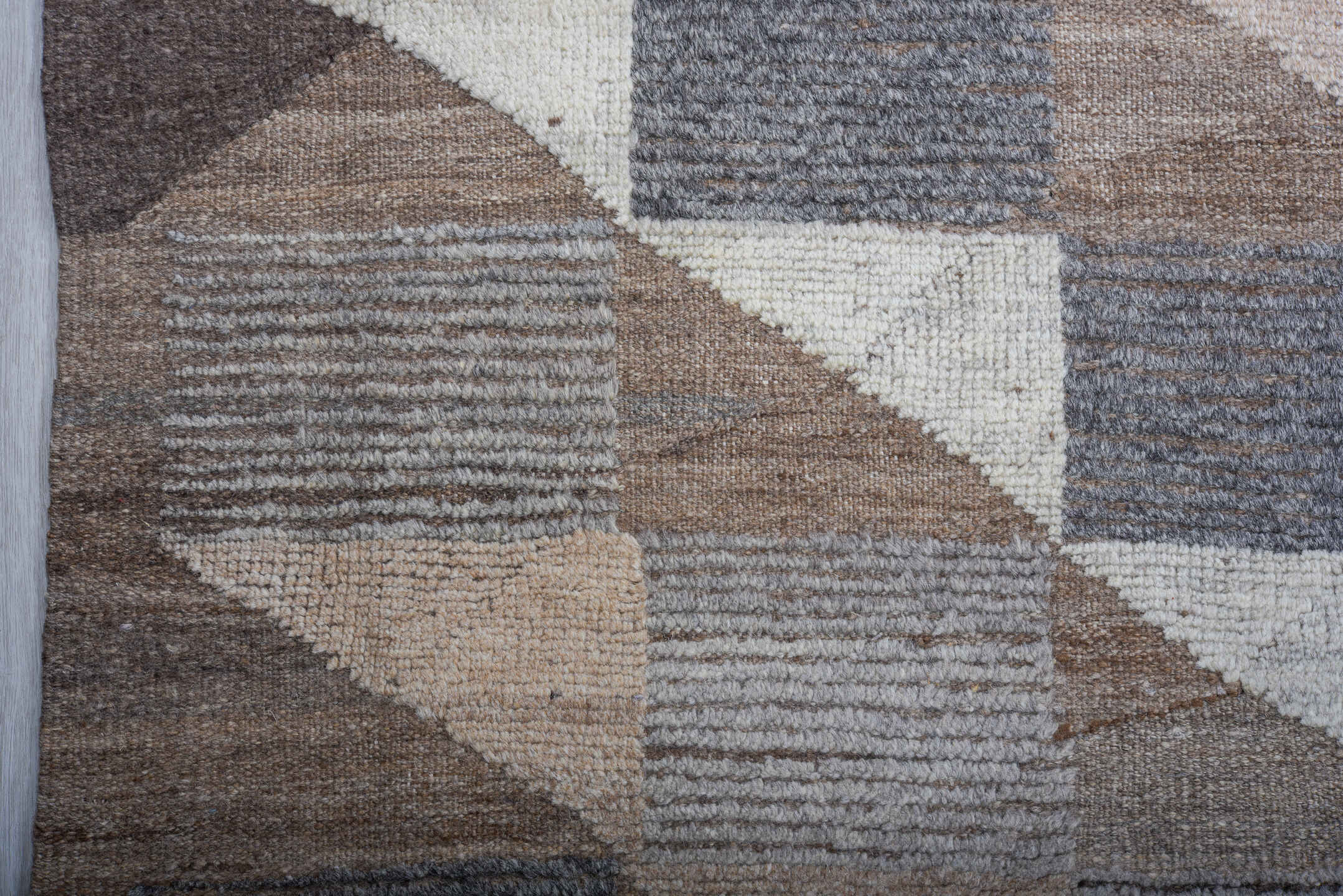 13' x 20' one-of-a-kind handmade vintage Tulu oversize rug. Color palette: taupe, gray, brown, ivory, charcoal, greige