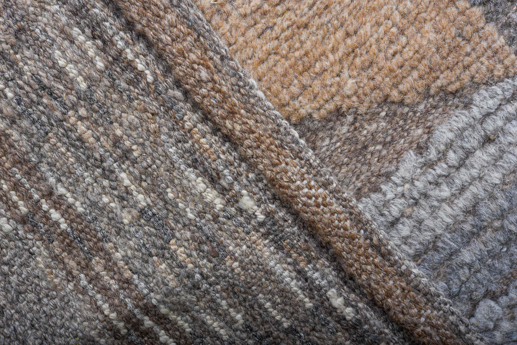 13' x 20' one-of-a-kind handmade vintage Tulu oversize rug. Color palette: taupe, gray, brown, ivory, charcoal, greige