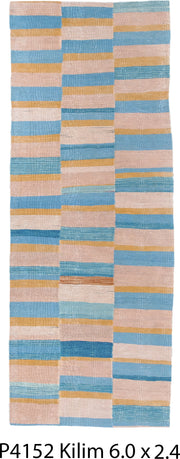 2' x 6' one-of-a-kind handmade vintage Kilim runner rug. Color palette: blush, sky blue, gold, ivory, pink, light blue