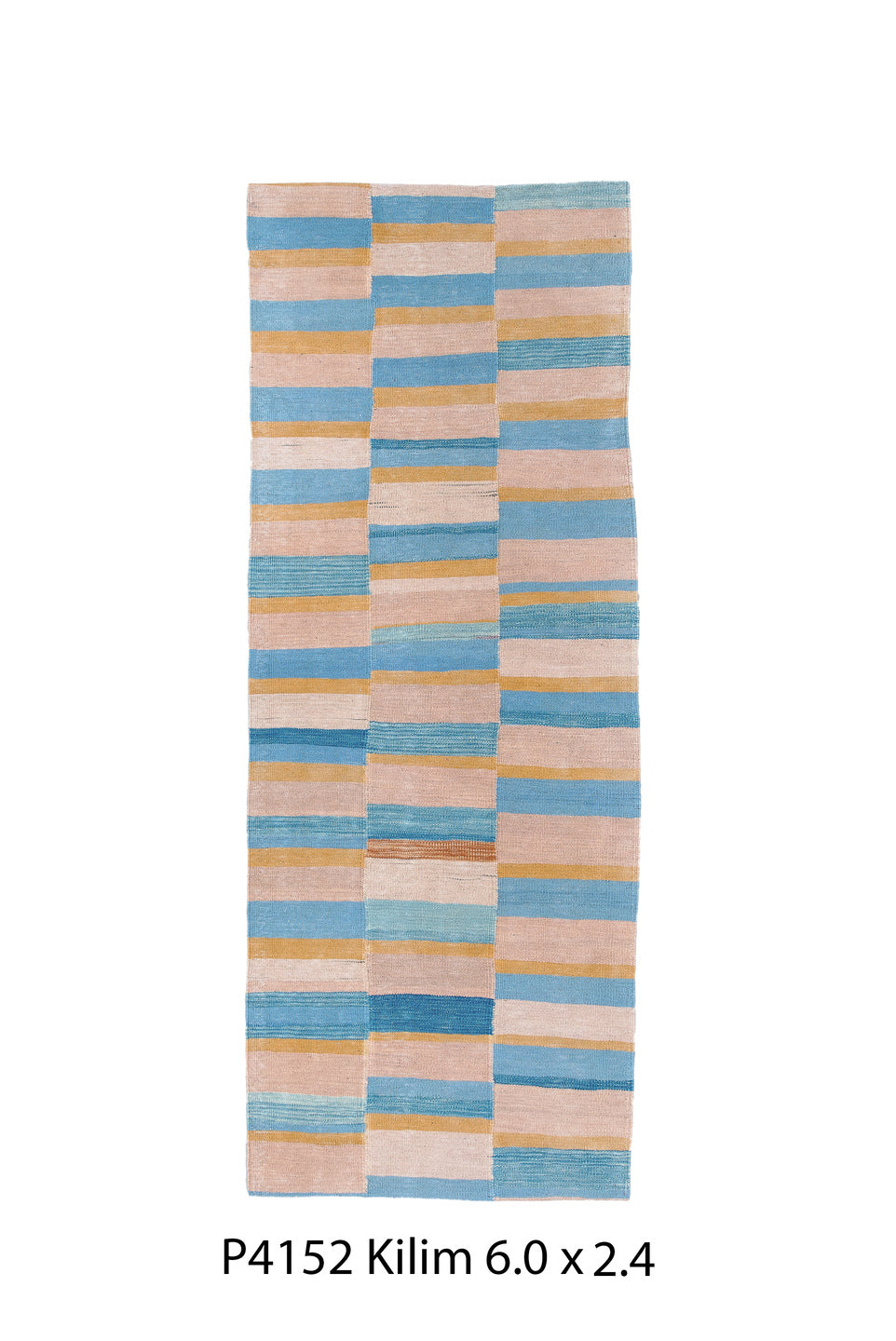 2' x 6' one-of-a-kind handmade vintage Kilim runner rug. Color palette: blue, brown, gray, light blue, light gray, off-white