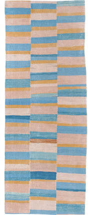 2' x 6' one-of-a-kind handmade vintage Kilim runner rug. Color palette: blush, sky blue, gold, ivory, pink, light blue