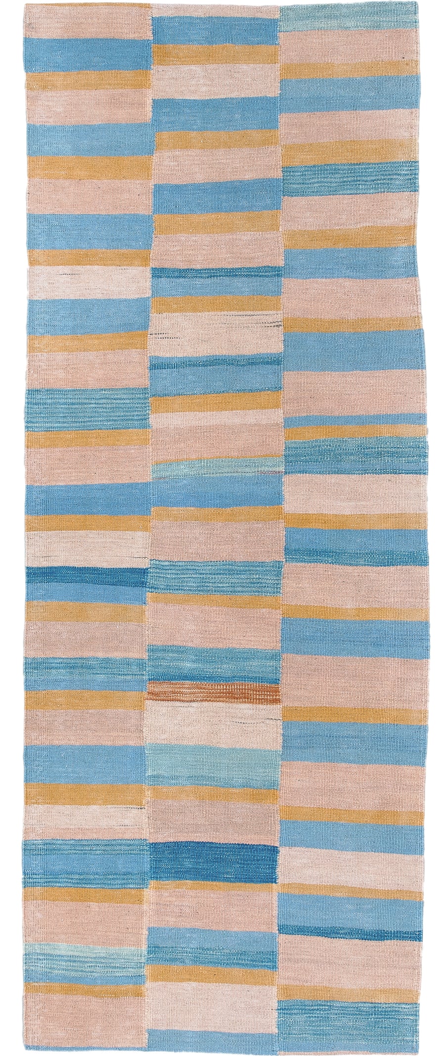 2' x 6' one-of-a-kind handmade vintage Kilim runner rug. Color palette: blush, sky blue, gold, ivory, pink, light blue