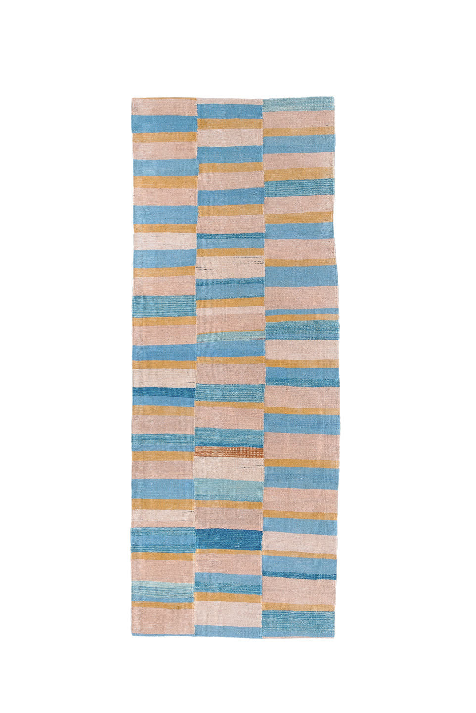 2' x 6' one-of-a-kind handmade vintage Kilim runner rug. Color palette: blush, sky blue, gold, ivory, pink, light blue