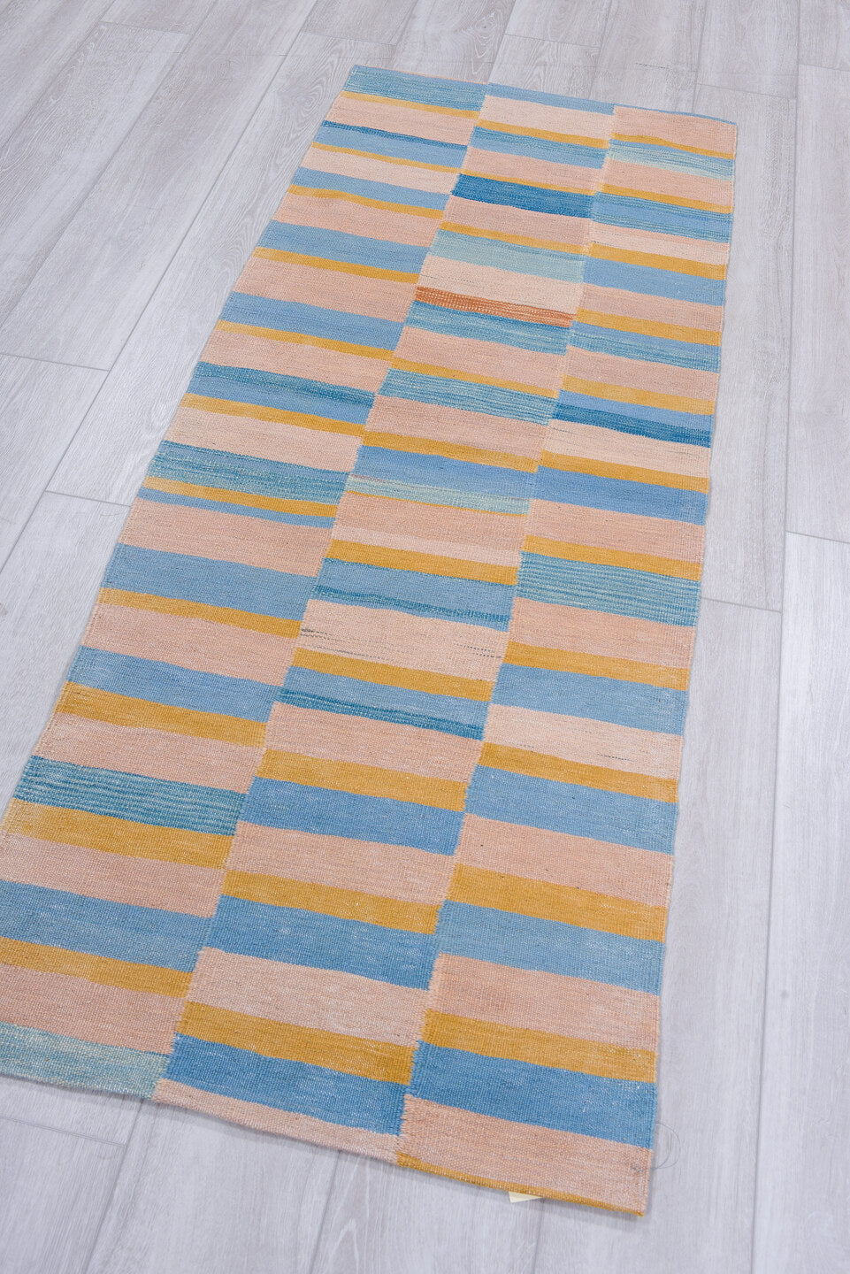 2' x 6' one-of-a-kind handmade vintage Kilim runner rug. Color palette: blue, brown, gray, light blue, light gray, off-white