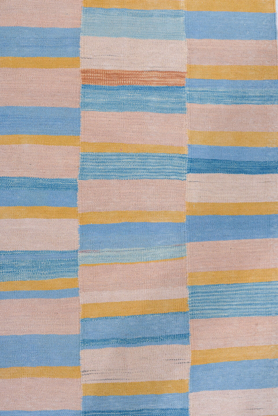 2' x 6' one-of-a-kind handmade vintage Kilim runner rug. Color palette: blush, sky blue, gold, ivory, pink, light blue