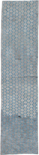 3' x 12' one-of-a-kind handmade vintage Kilim runner rug. Color palette: gray, sky_blue, ivory, light blue