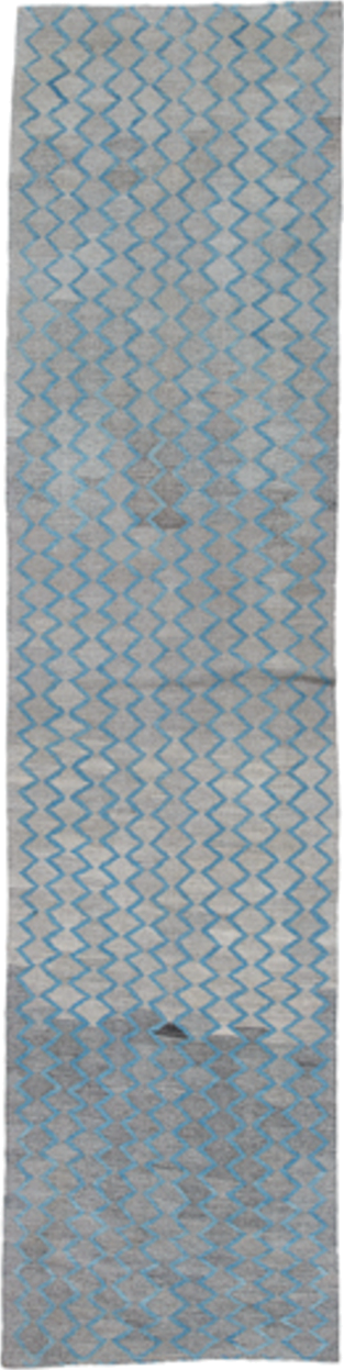 3' x 12' one-of-a-kind handmade vintage Kilim runner rug. Color palette: gray, sky_blue, ivory, light blue
