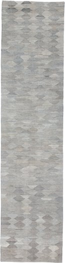 3' x 12' one-of-a-kind handmade vintage Kilim runner rug. Color palette: gray, ivory, taupe, beige