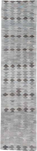 3' x 12' one-of-a-kind handmade vintage Kilim runner rug. Color palette: gray, ivory, taupe, charcoal, slate, beige, black