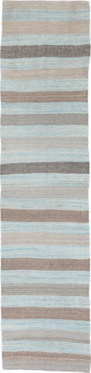 3' x 12' one-of-a-kind handmade vintage Kilim runner rug. Color palette: sky blue, taupe, gray, ivory, light blue, beige