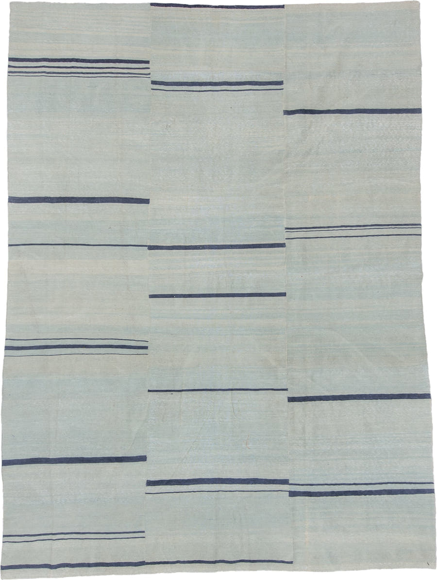 9' x 12' one-of-a-kind handmade vintage Kilim large size rug. Color palette: pale blue, indigo, ivory, light blue, purple