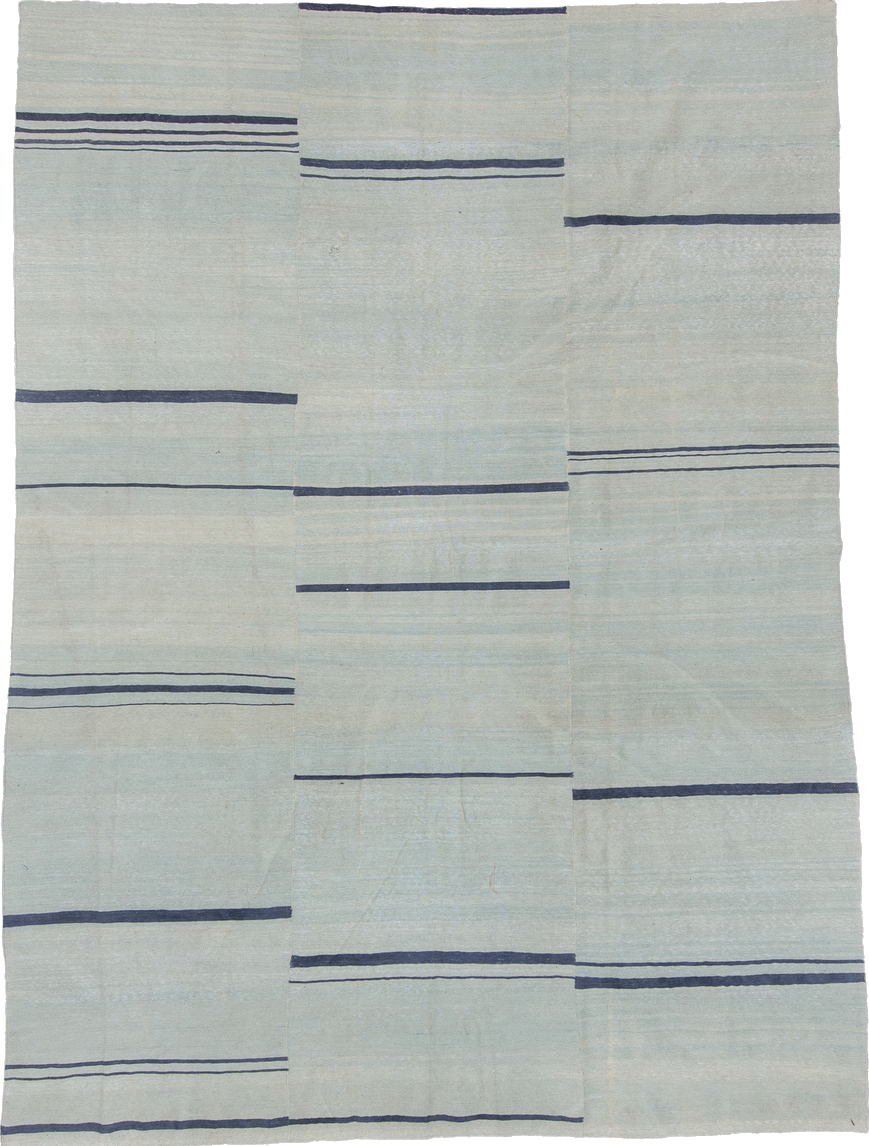 9' x 12' one-of-a-kind handmade vintage Kilim large size rug. Color palette: black, blue, charcoal, dark gray, gray