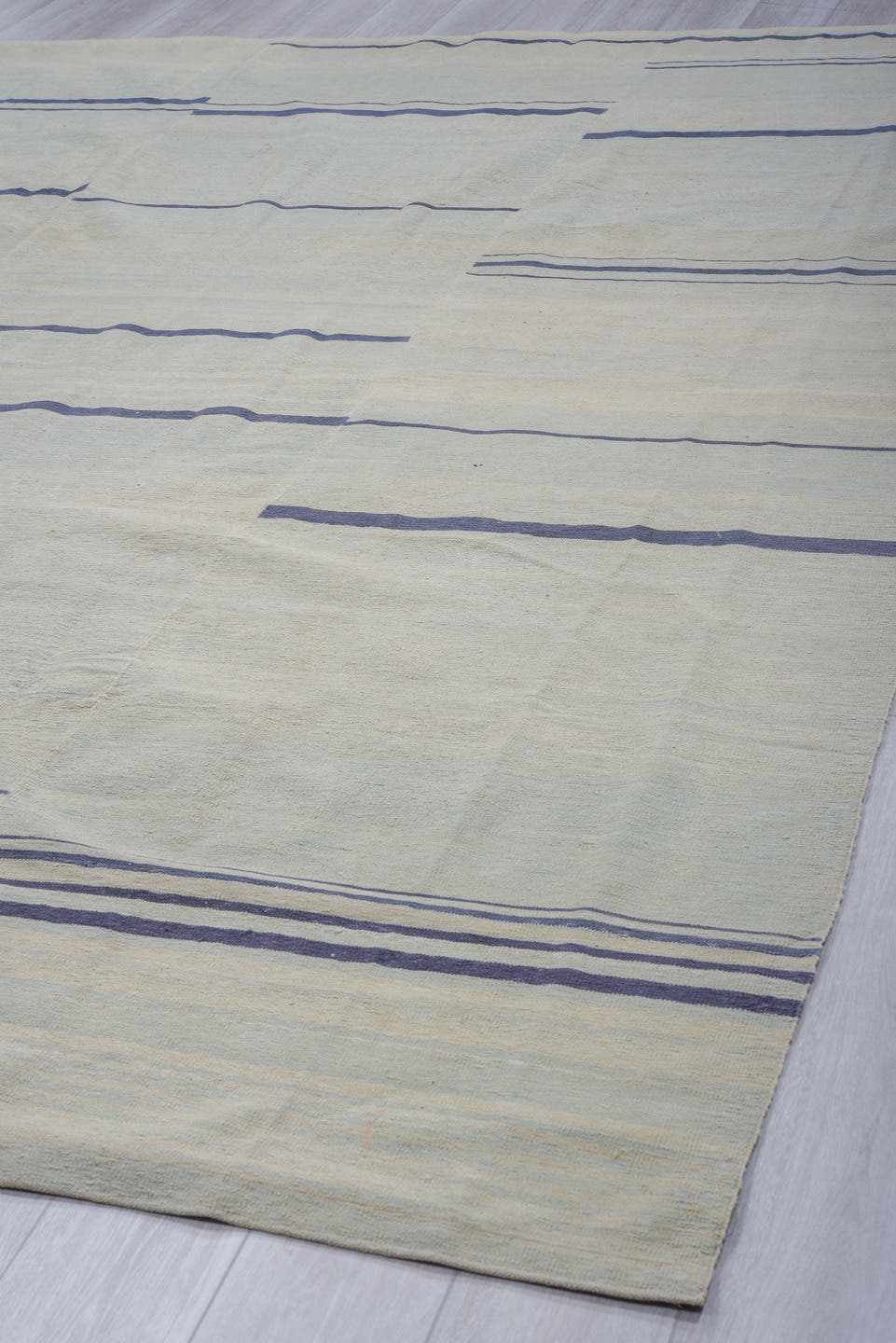 9' x 12' one-of-a-kind handmade vintage Kilim large size rug. Color palette: pale blue, indigo, ivory, light blue, purple