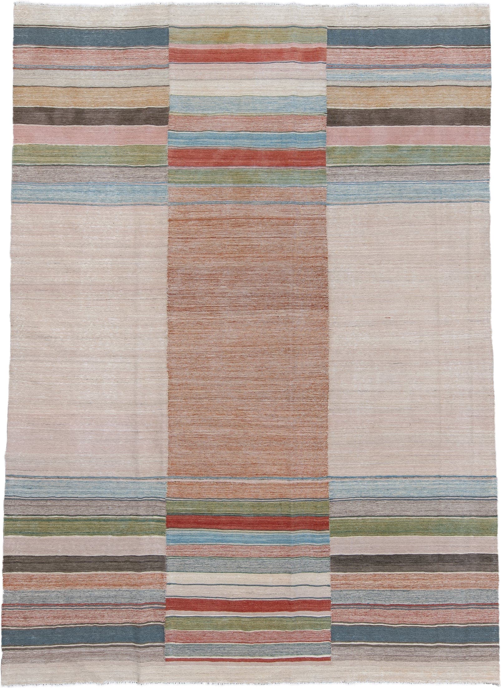 8' x 11' one-of-a-kind handmade vintage Kilim large size rug. Color palette: ivory, blush, terracotta, sky blue, sage