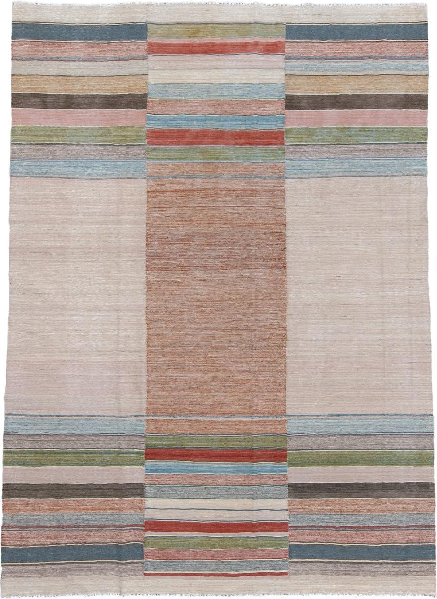 8' x 11' one-of-a-kind handmade vintage Kilim large size rug. Color palette: ivory, blush, terracotta, sky blue, sage