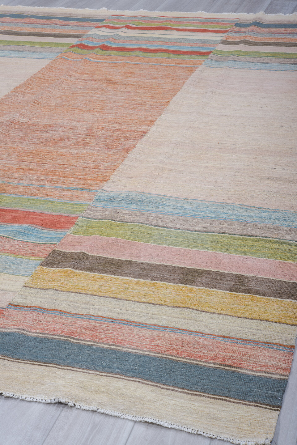8' x 11' one-of-a-kind handmade vintage Kilim large size rug. Color palette: ivory, blush, terracotta, sky blue, sage