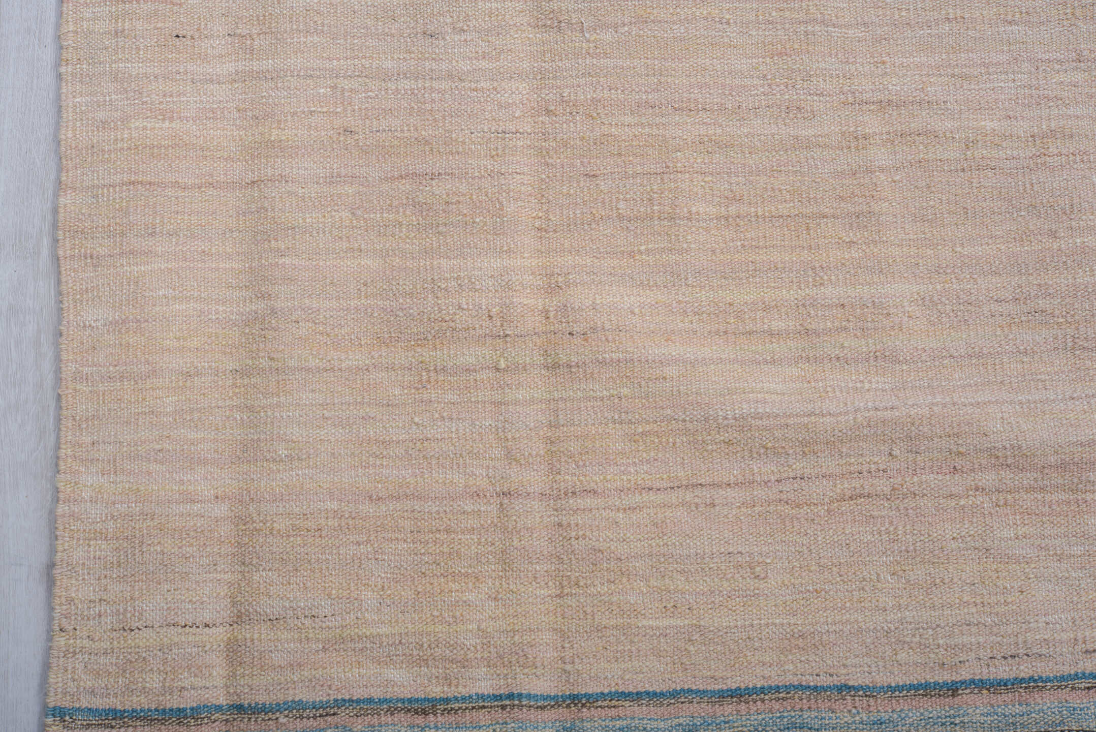 8' x 11' one-of-a-kind handmade vintage Kilim large size rug. Color palette: ivory, blush, terracotta, sky blue, sage
