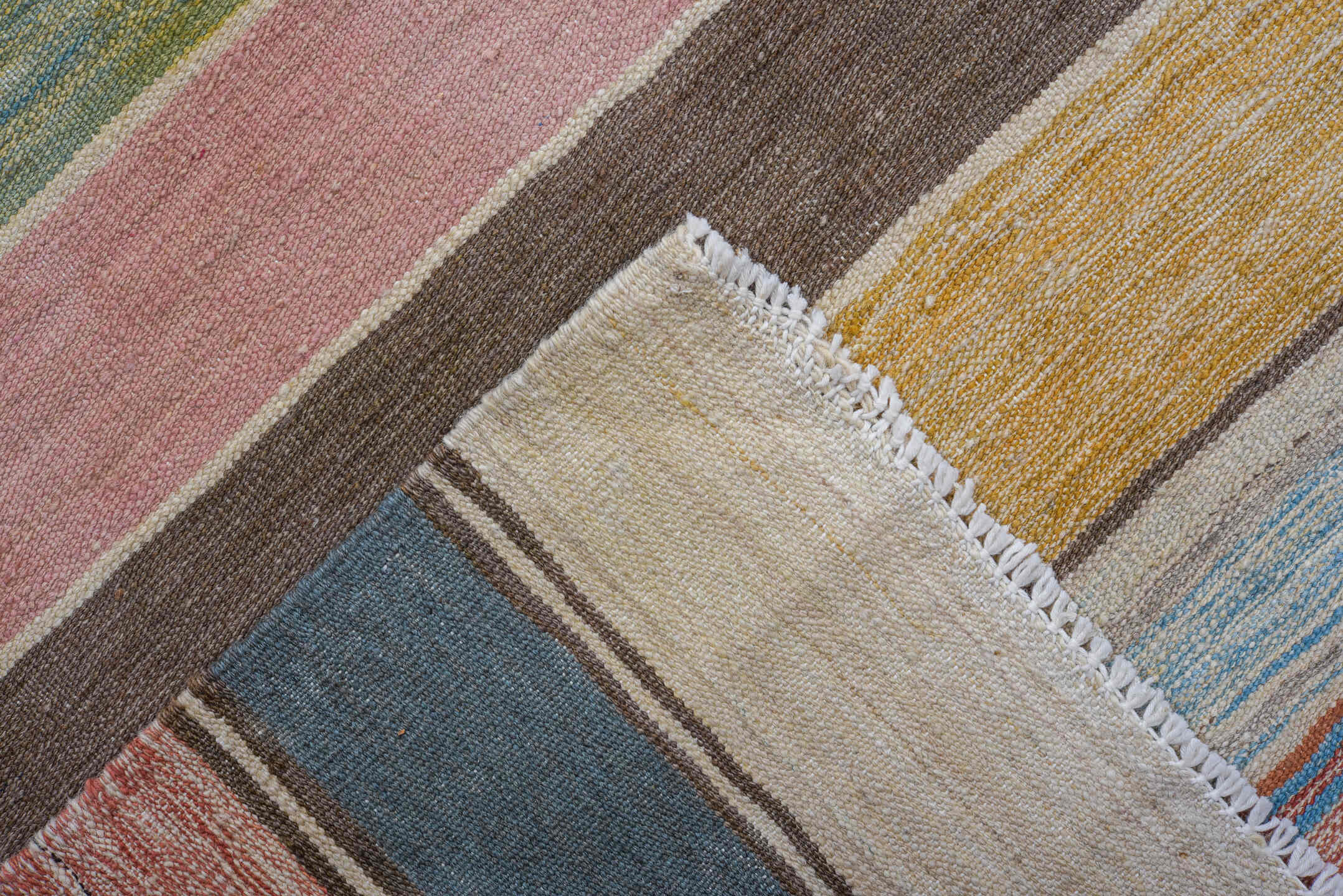 8' x 11' one-of-a-kind handmade vintage Kilim large size rug. Color palette: ivory, blush, terracotta, sky blue, sage