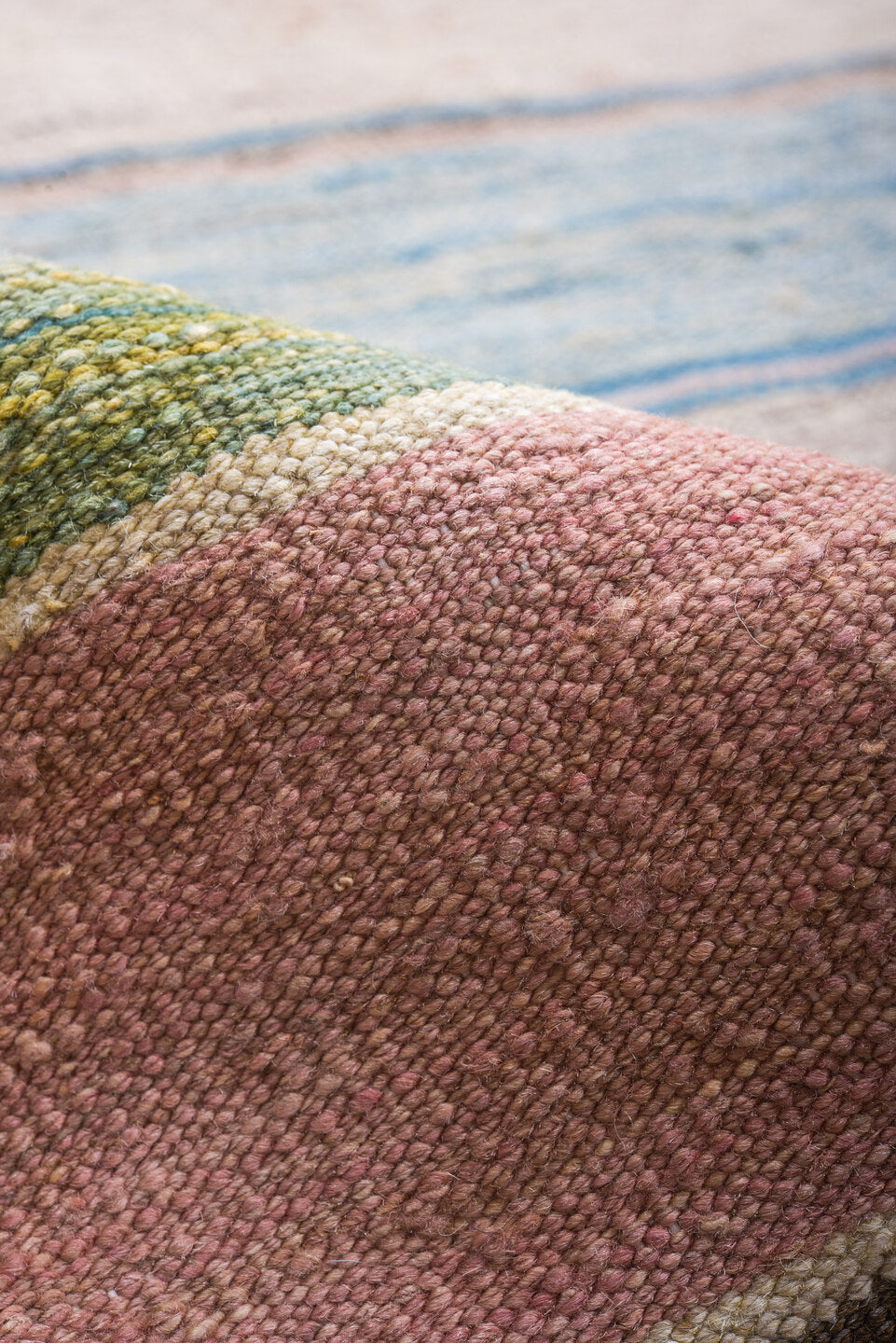 8' x 11' one-of-a-kind handmade vintage Kilim large size rug. Color palette: ivory, blush, terracotta, sky blue, sage