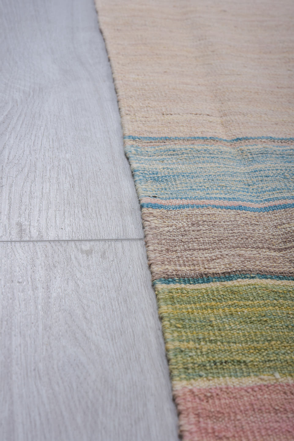 8' x 11' one-of-a-kind handmade vintage Kilim large size rug. Color palette: ivory, blush, terracotta, sky blue, sage