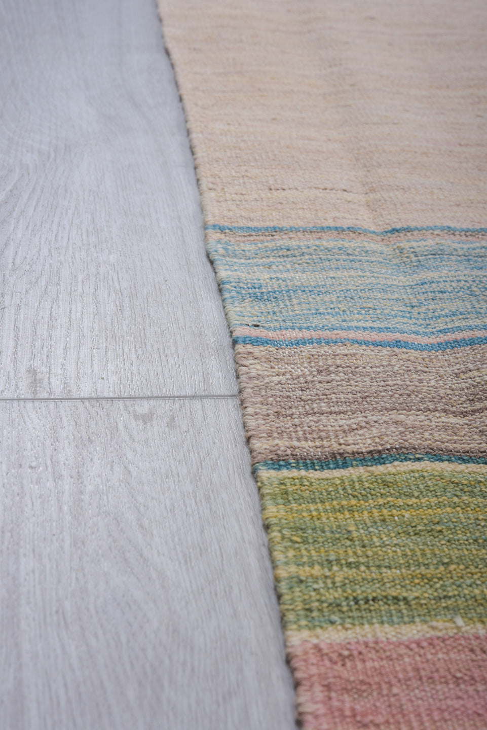 8' x 11' one-of-a-kind handmade vintage Kilim large size rug. Color palette: ivory, blush, terracotta, sky blue, sage