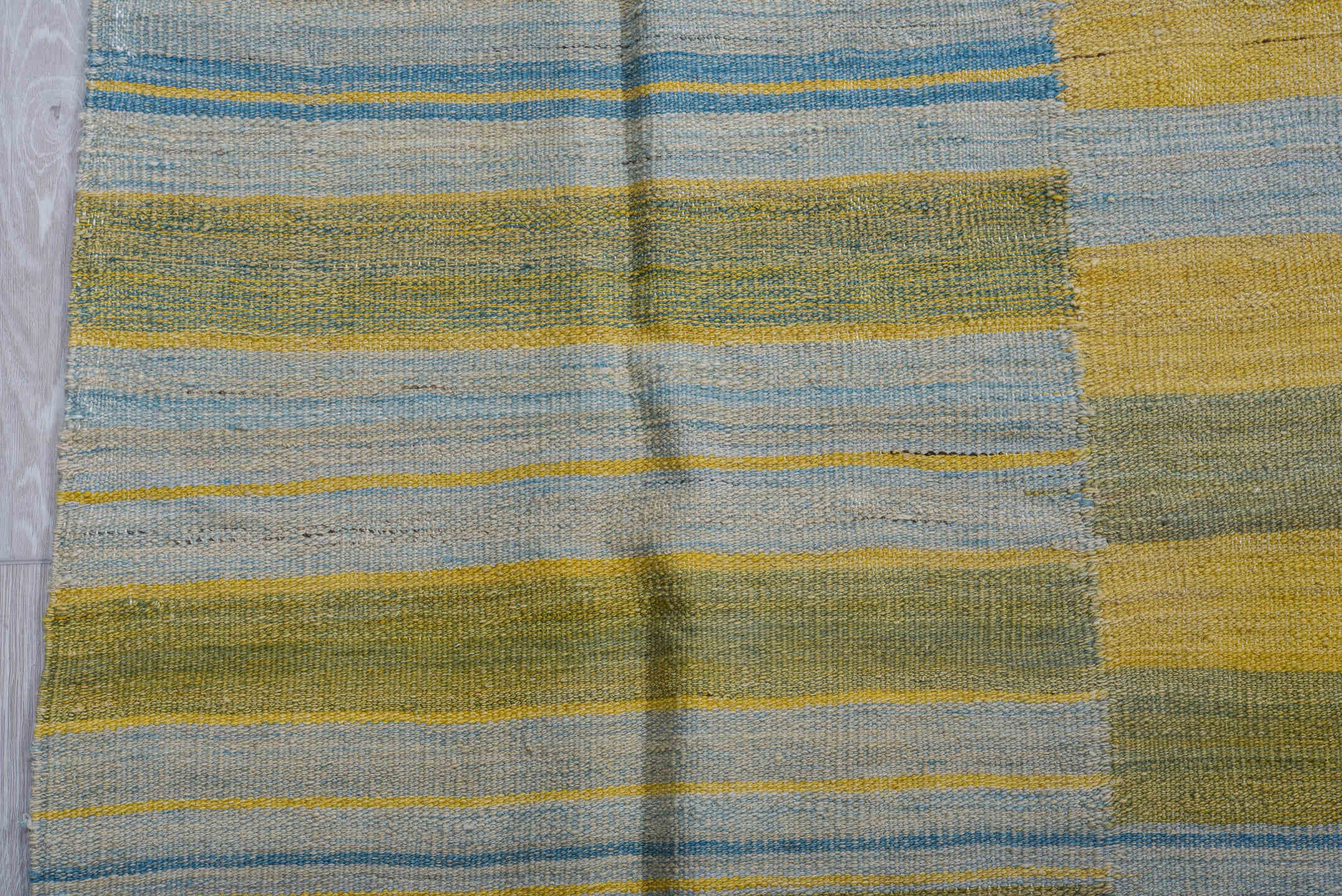 8' x 11' one-of-a-kind handmade vintage Kilim large size rug. Color palette: sage, sky blue, beige, taupe, camel, charcoal