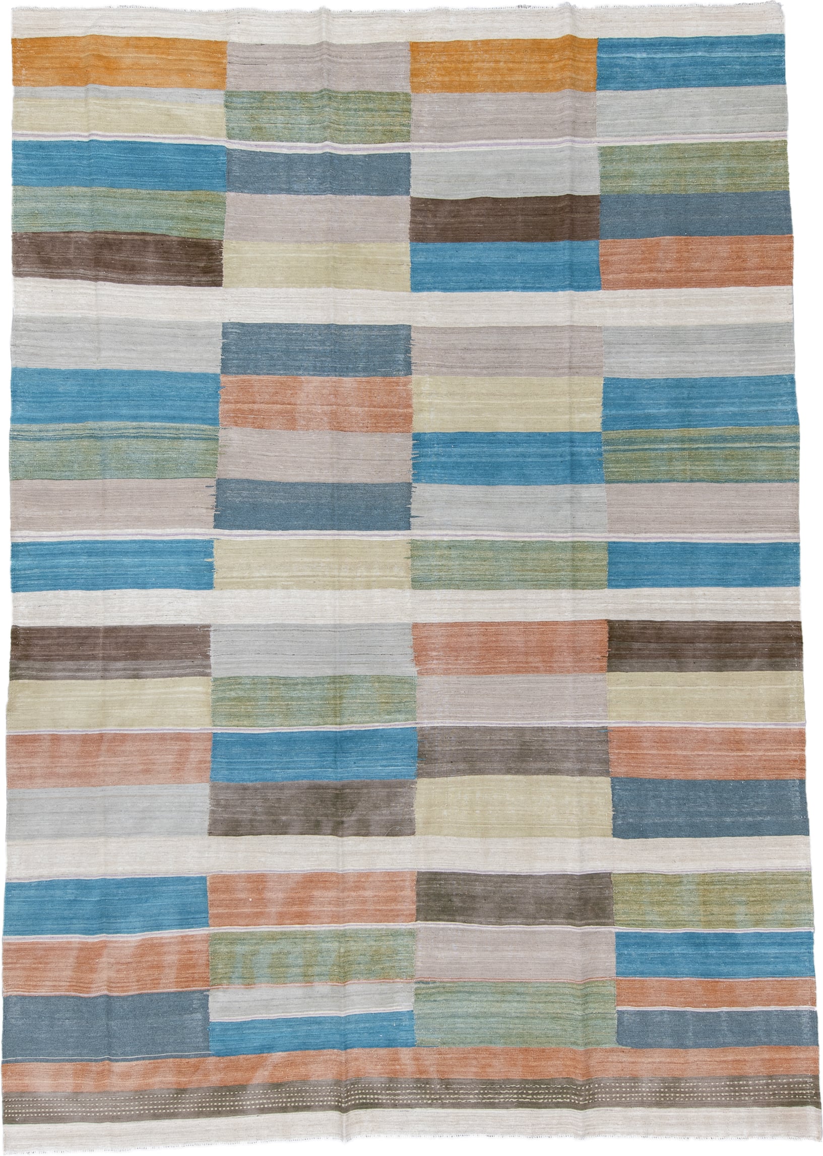 9' x 12' one-of-a-kind handmade vintage Kilim large size rug. Color palette: ivory, sky blue, taupe, sage, peach, slate