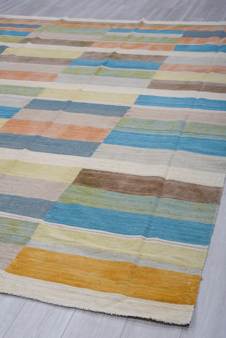 9' x 12' one-of-a-kind handmade vintage Kilim large size rug. Color palette: ivory, sky blue, taupe, sage, peach, slate