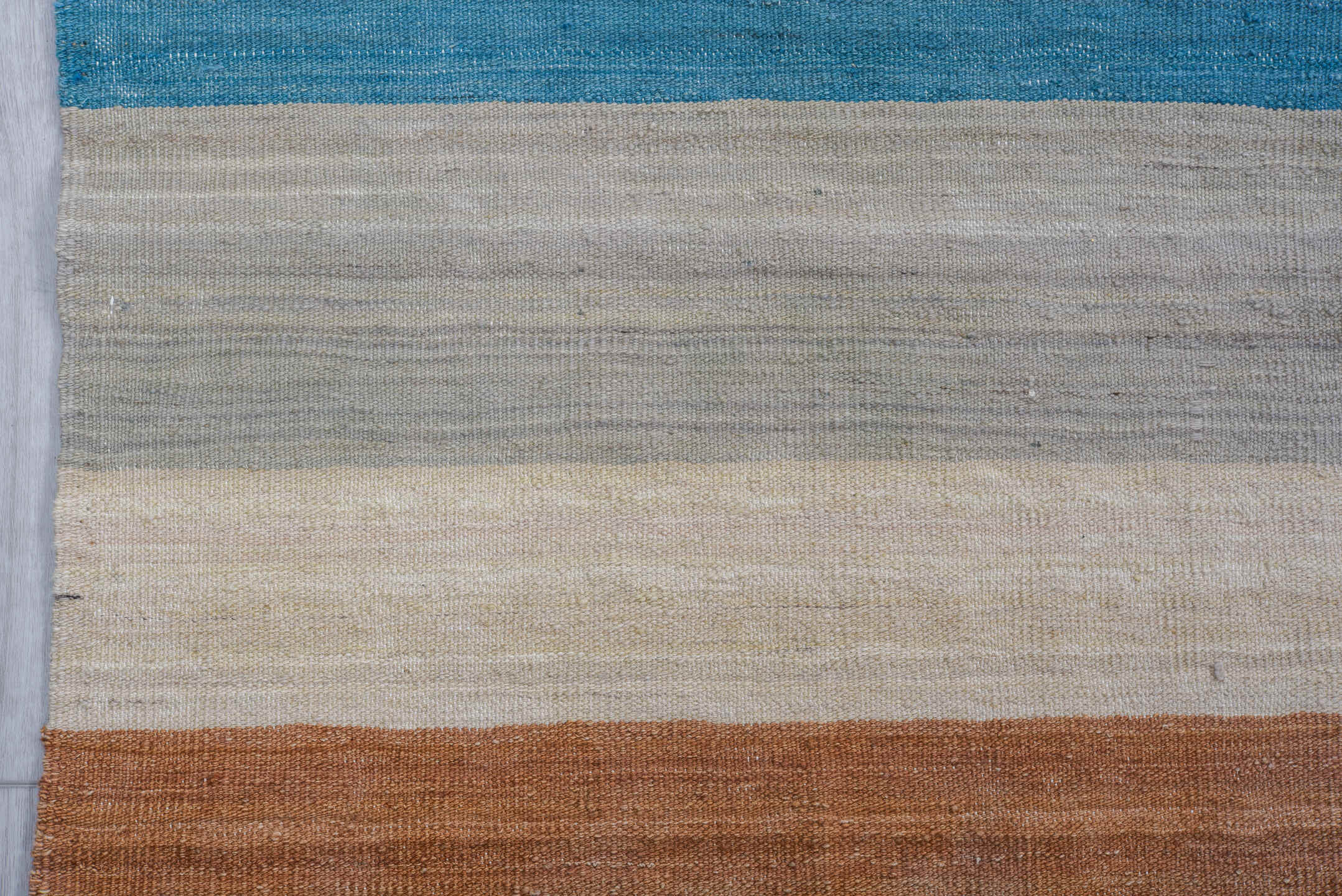 9' x 12' one-of-a-kind handmade vintage Kilim large size rug. Color palette: ivory, sky blue, taupe, sage, peach, slate