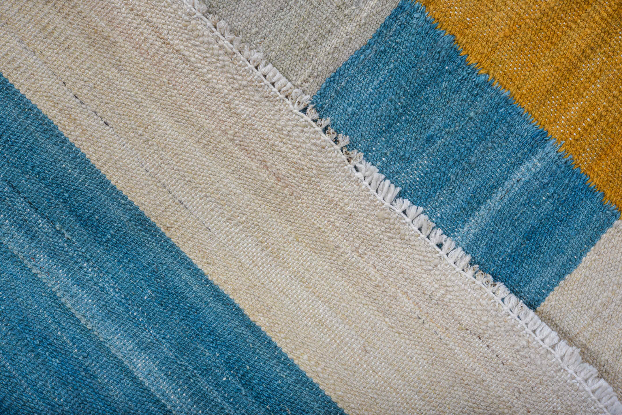 9' x 12' one-of-a-kind handmade vintage Kilim large size rug. Color palette: ivory, sky blue, taupe, sage, peach, slate