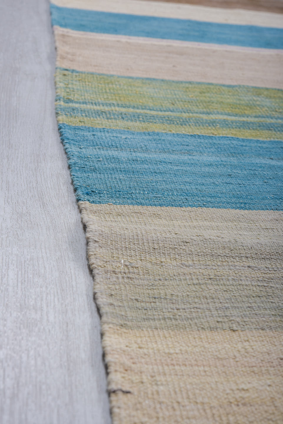 9' x 12' one-of-a-kind handmade vintage Kilim large size rug. Color palette: ivory, sky blue, taupe, sage, peach, slate