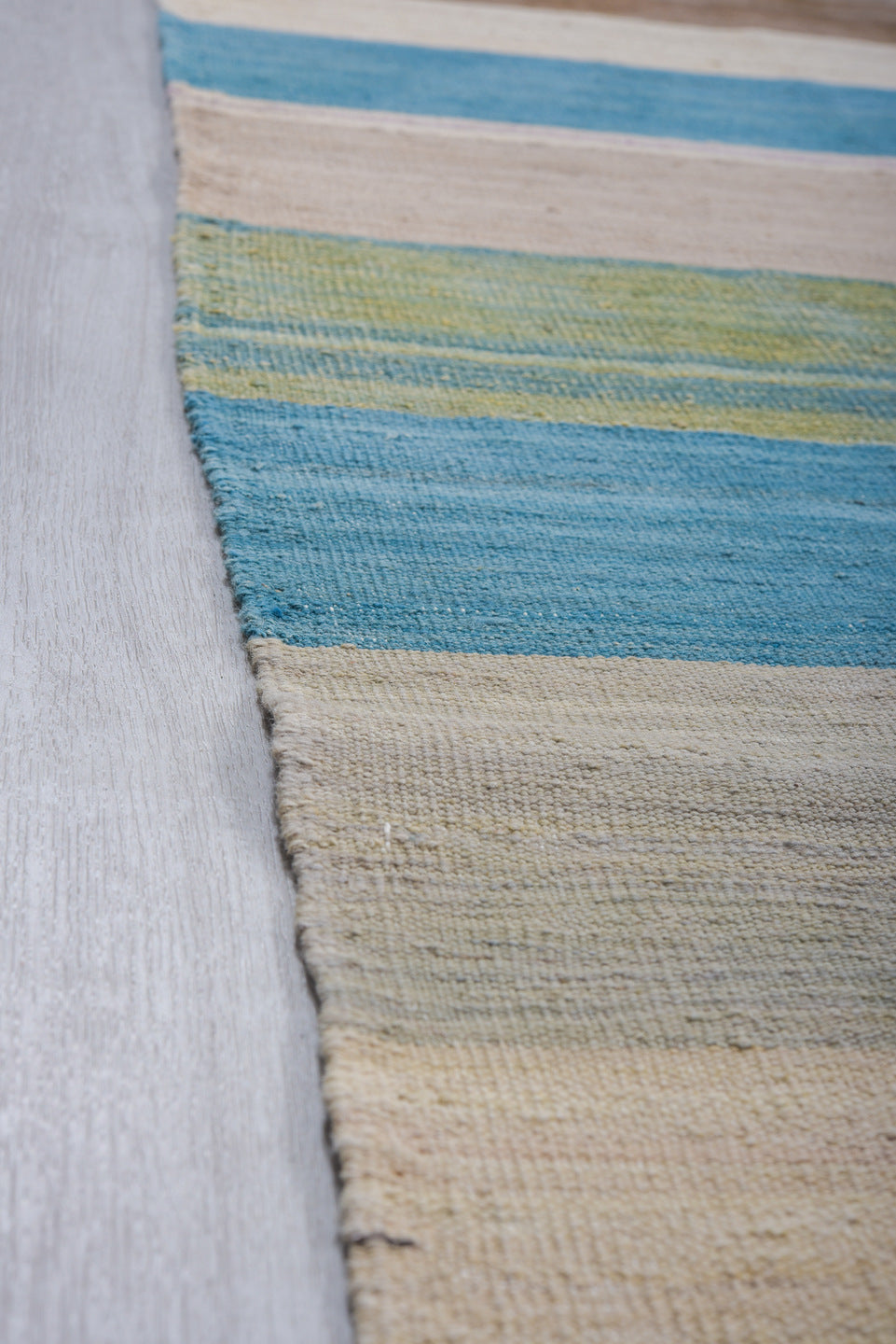 9' x 12' one-of-a-kind handmade vintage Kilim large size rug. Color palette: ivory, sky blue, taupe, sage, peach, slate