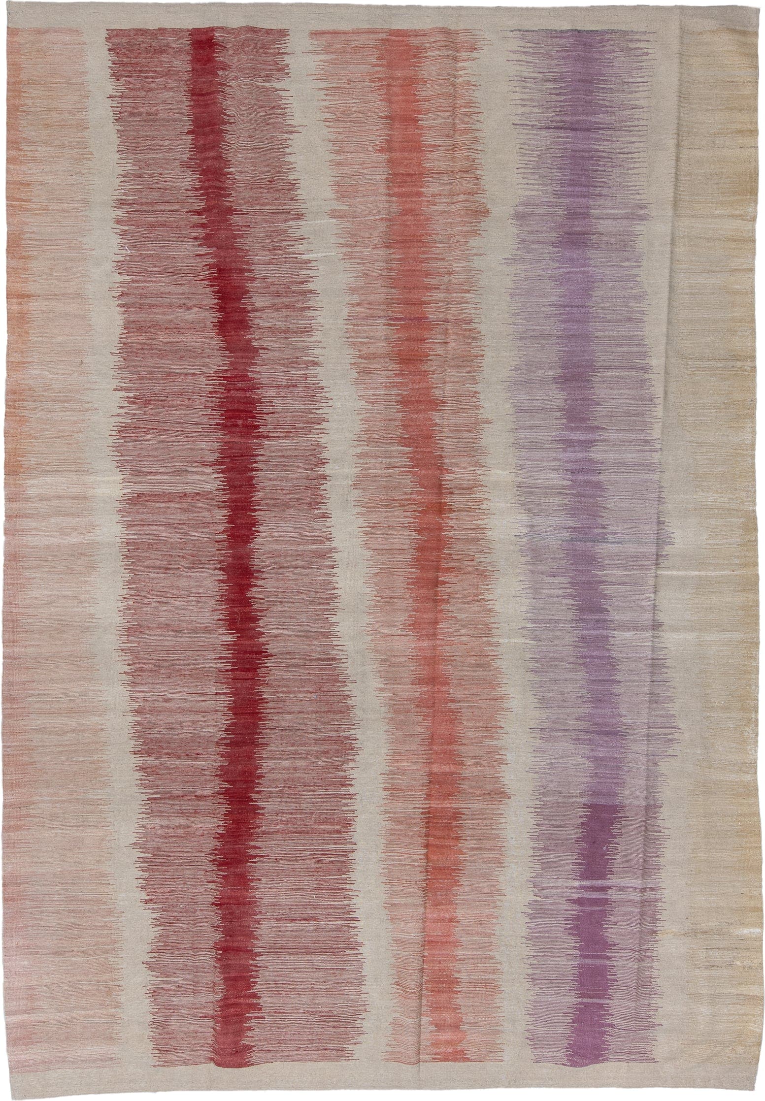 8' x 12' one-of-a-kind handmade vintage Kilim large size rug. Color palette: ivory, rose, lavender, coral, crimson, beige